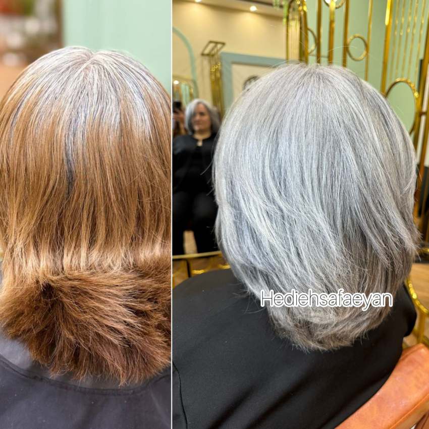 تبدیل موی رنگ قهوه ای با رشد ریشه سفید به تکنیک جو گندمی مو به روش هدیه ای