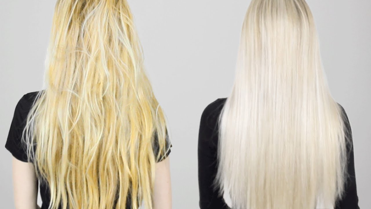 سمت چپ موهایی که بعد از دکلر زرد شده و سمت راست موهای صاف و تراپی شده به همراه ضد زردی