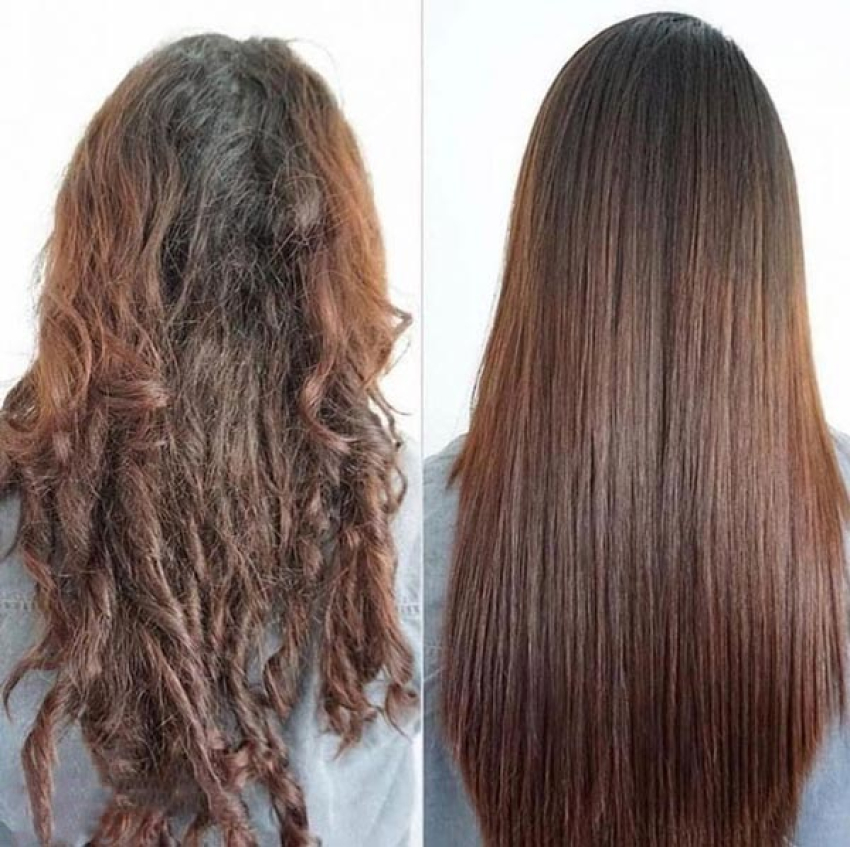 موهای بلند قهوه ای که دمیج و وز و خشک و با خاویار تراپی صاف و احیا شده 